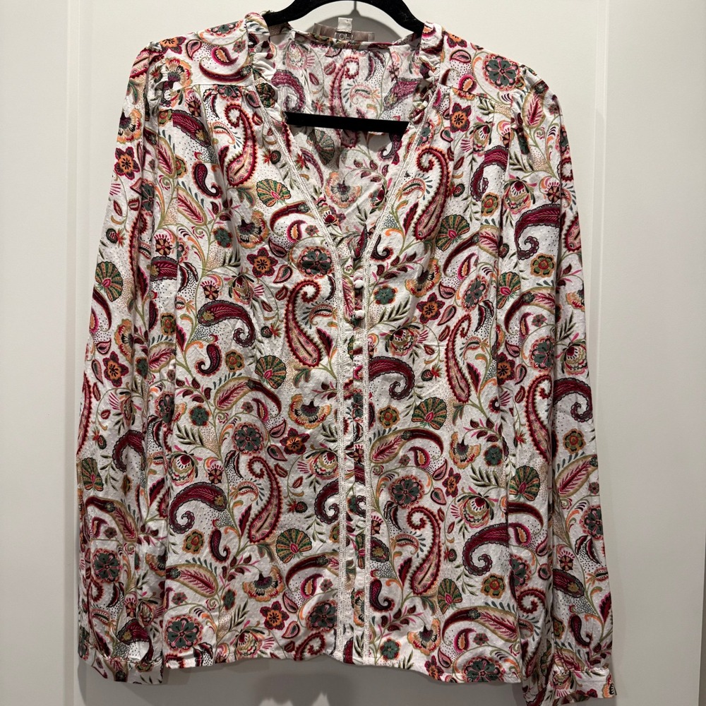 Boho Romantic LOFT Paisley Floral Lace Trim V-Neck Blouse M